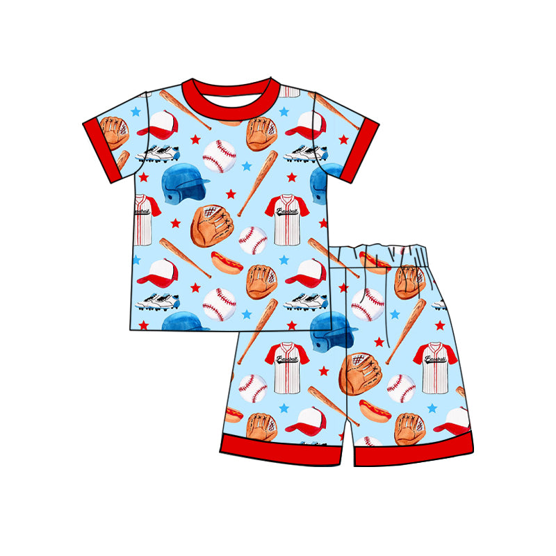 Preorder (moq 5) Baby Boy Clothes Baseball Glove Bat Hot Dog Star Mixed Print Short Sleeve Tee Shorts Set