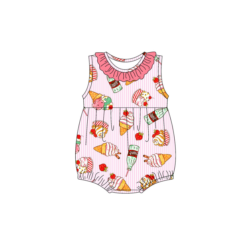 Preorder(moq 5)Baby Infant Girls Pink Stripe Sleeveless Ice Cream Ruffle Rompers
