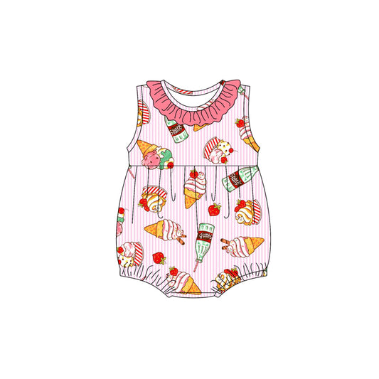 Preorder(moq 5)Baby Infant Girls Pink Stripe Sleeveless Ice Cream Ruffle Rompers
