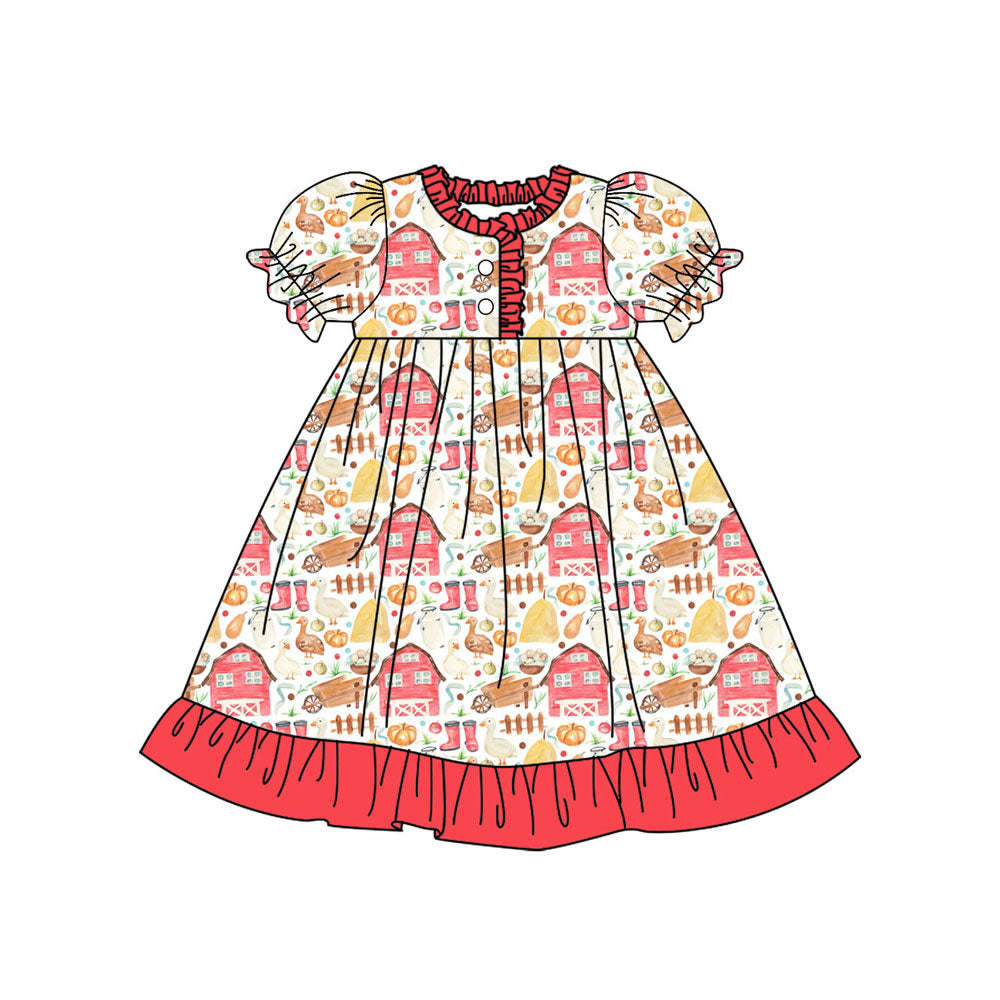 Preorder (moq 5)Baby Girls Short Ruffle Sleeve Chicks Button Farm Knee Length Dresses