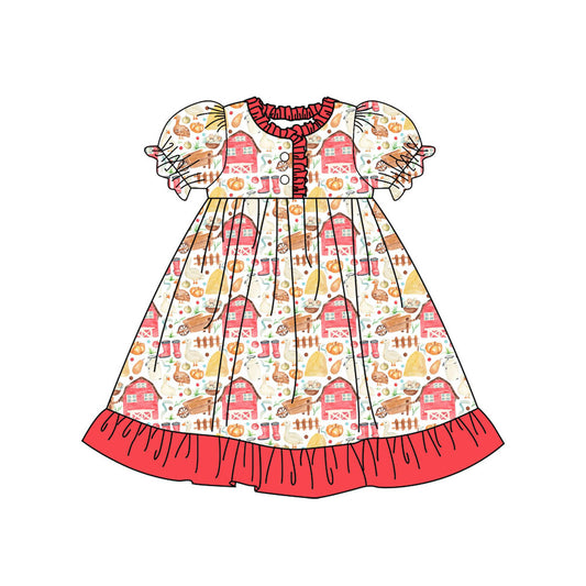 Preorder (moq 5)Baby Girls Short Ruffle Sleeve Chicks Button Farm Knee Length Dresses