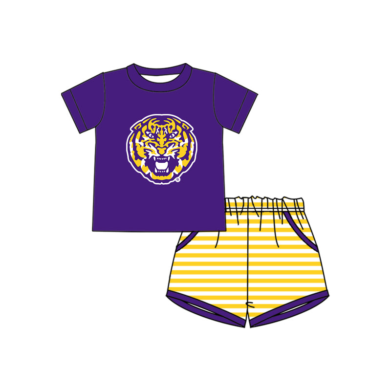 Preorder (moq 5)Baby Boys LSU Tiger Top Stripe Pockets Shorts Team Clothes Set