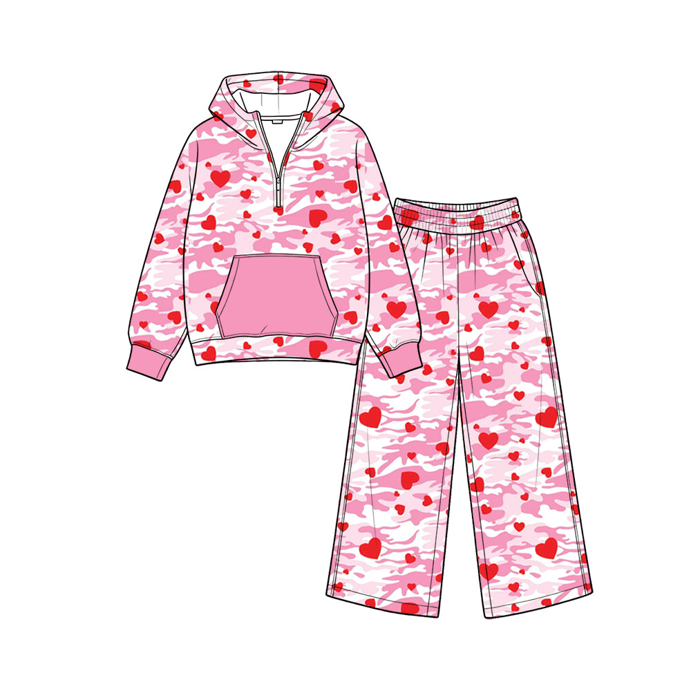 Preorder (moq5) Baby Girls Pink Camo Hearts Zip Pocket Hoodie Joggers Valentines Clothes Set