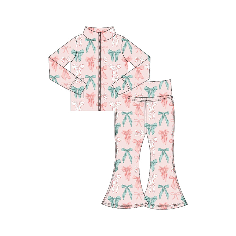 Preorder (moq 5)Baby Girls Pink Aqua Bows Plaid Zipper Jacket Top Bell Bottom Pants Set