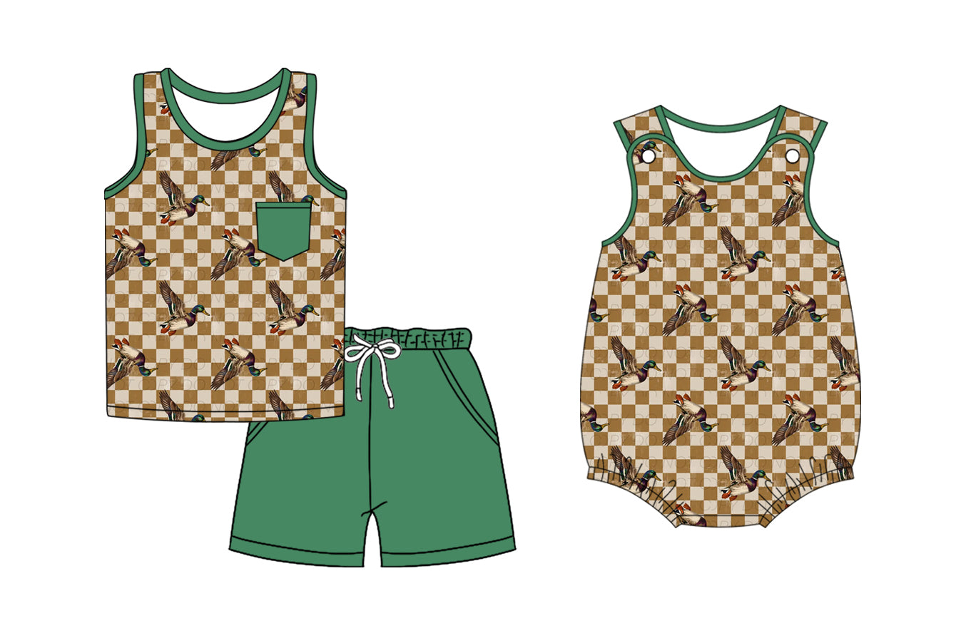Preorder moq 5 Custom Baby Boys Khaki Plaid Ducks Top Pockets Short Set Rompers