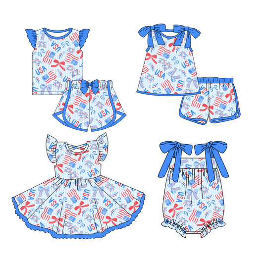 Preorder moq 5 Custom Baby Girls Bows Flags Top Short 4th Of July Sets Knee Length Dress Ruffle Rompers