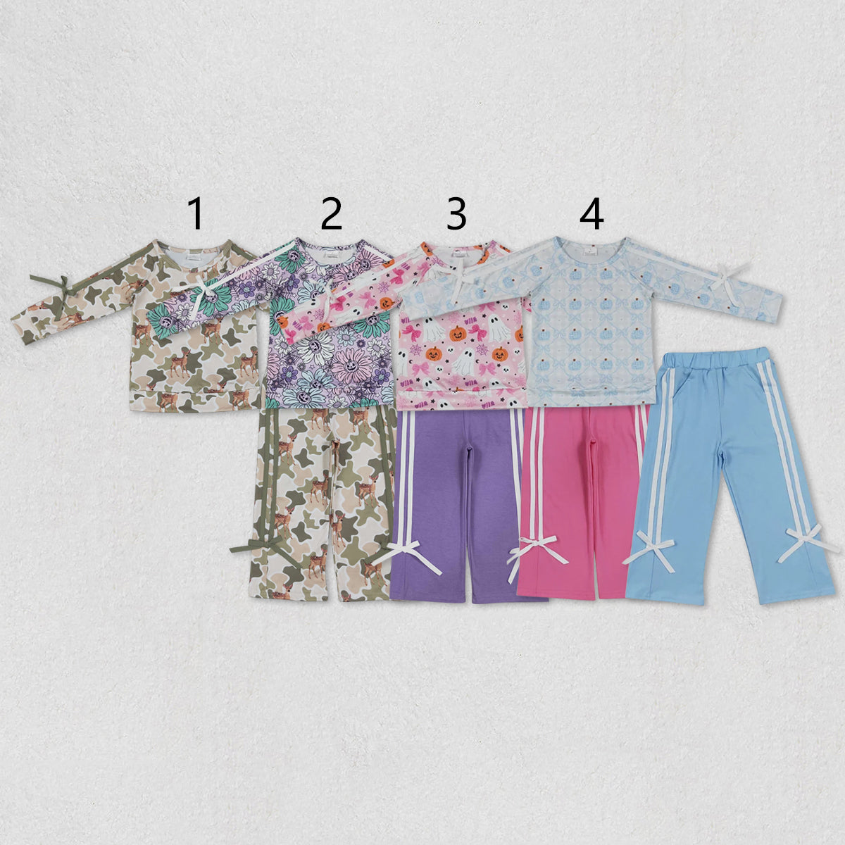 Sibling Baby Girls Long Leaves Ghost Pumpkins Deer Top Pockets Bows Pant Sets