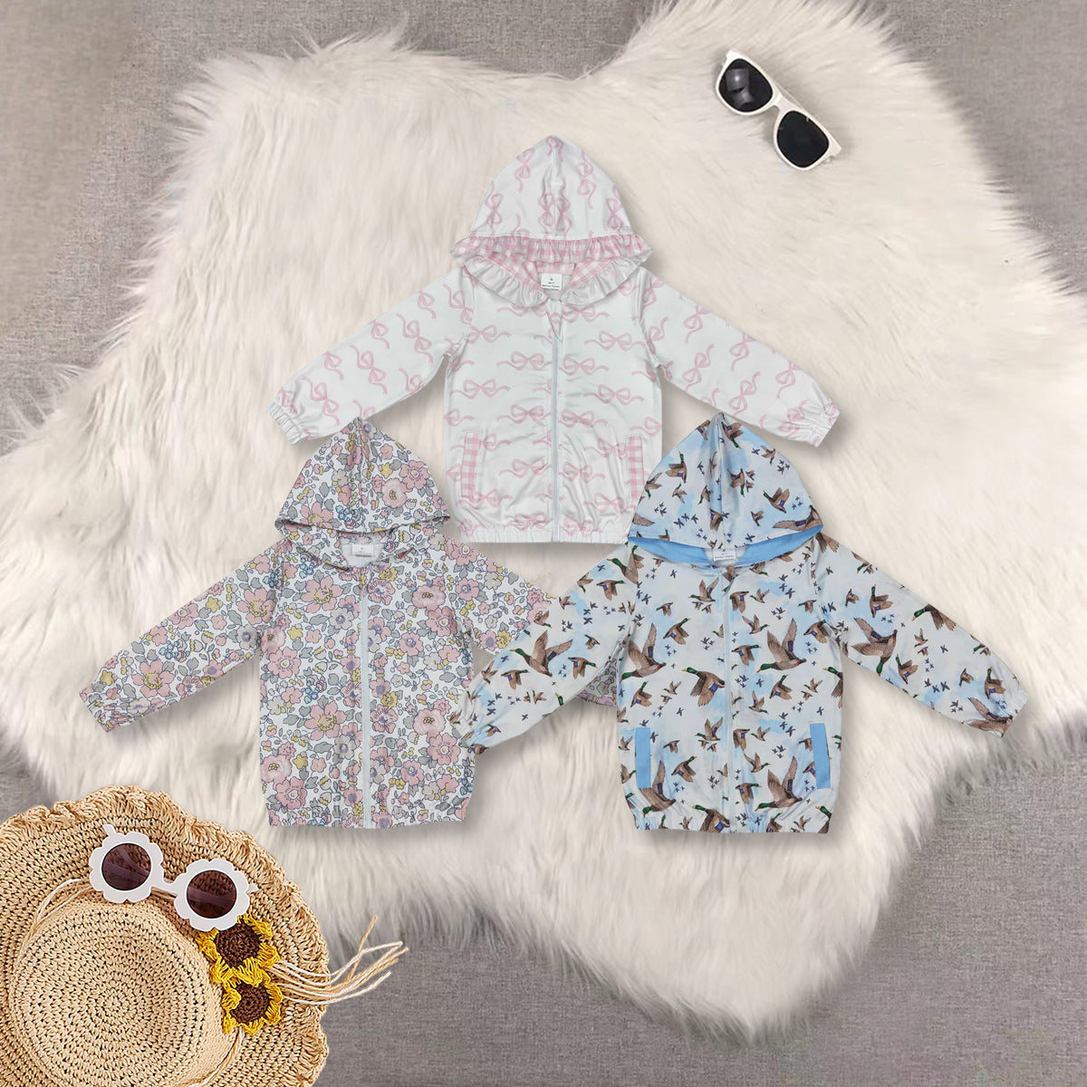 Sibling Baby Girls Bows Ducks Floral Long Sleeves Zipping Hoodies Top