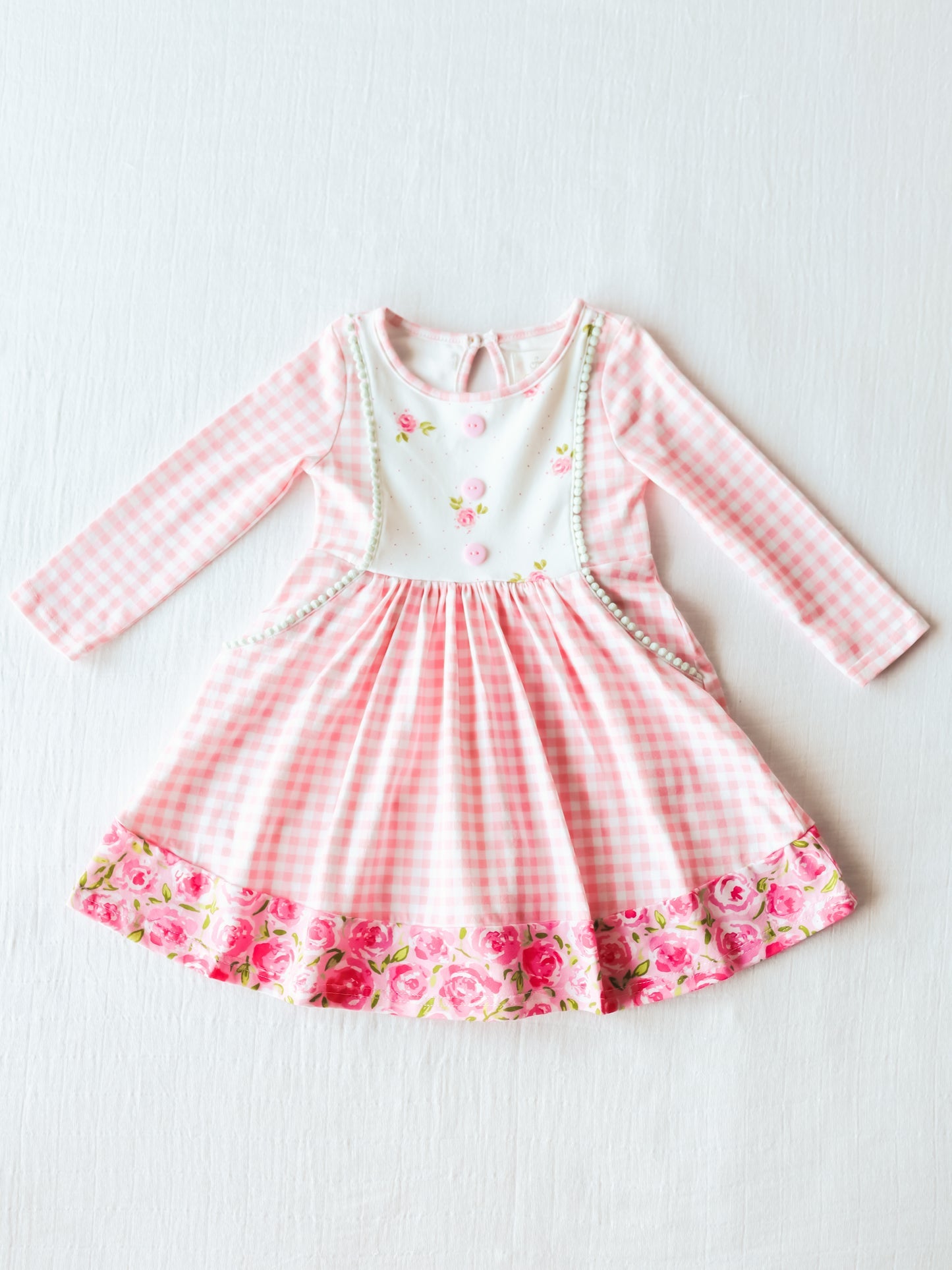 Baby Girls Pink Checkered Flowers Long Sleeve Knee Length Dresses Preorder(moq 5)