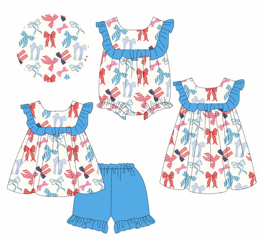 Preorder moq 5 Custom Baby Girls Sleeveless Blue Red Polka Dots Bows Tunic Ruffle Short 4th Of July Set Dress And Rompers