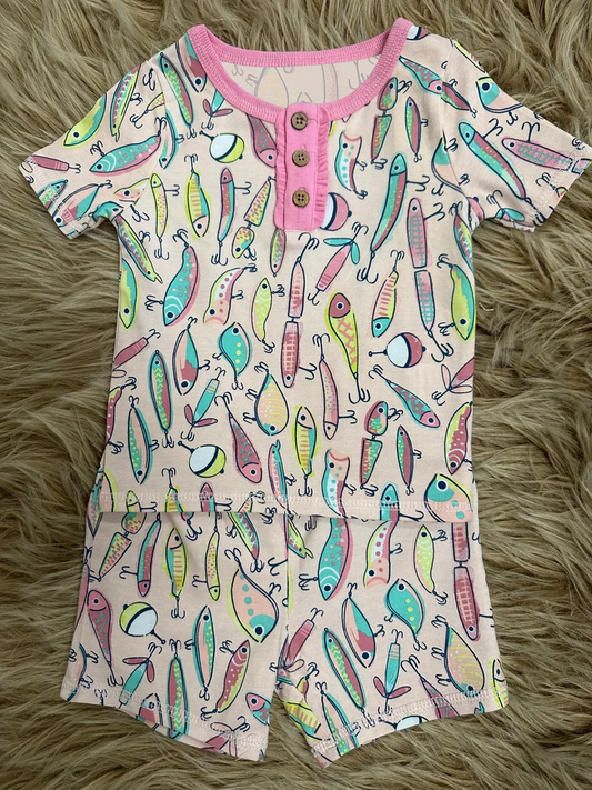 Preorder moq 5 Baby Girls Short Sleeves Button Fishing Top Shorts Pajamas Clothes Set