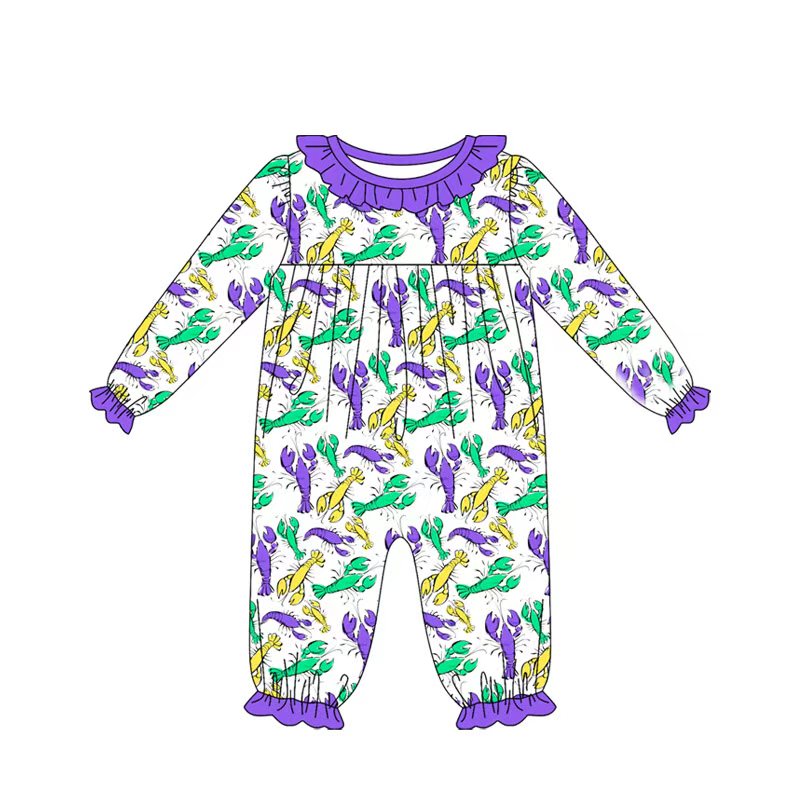 Preorder(moq 8)Baby Girls Mardigras Crayfishes Ruffle Collar Footie Rompers