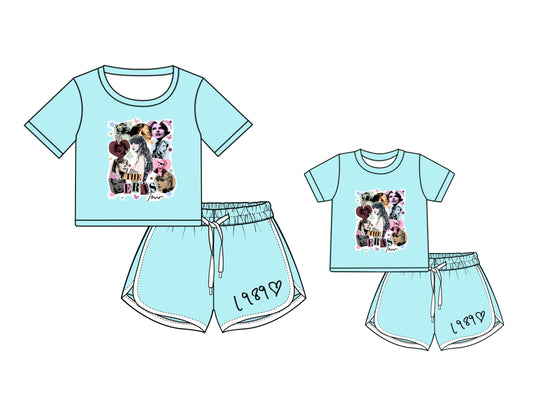 Preorder (moq 5 each) Family Women Baby Girls Singer TS Blue Top Shorts Clothing Sets