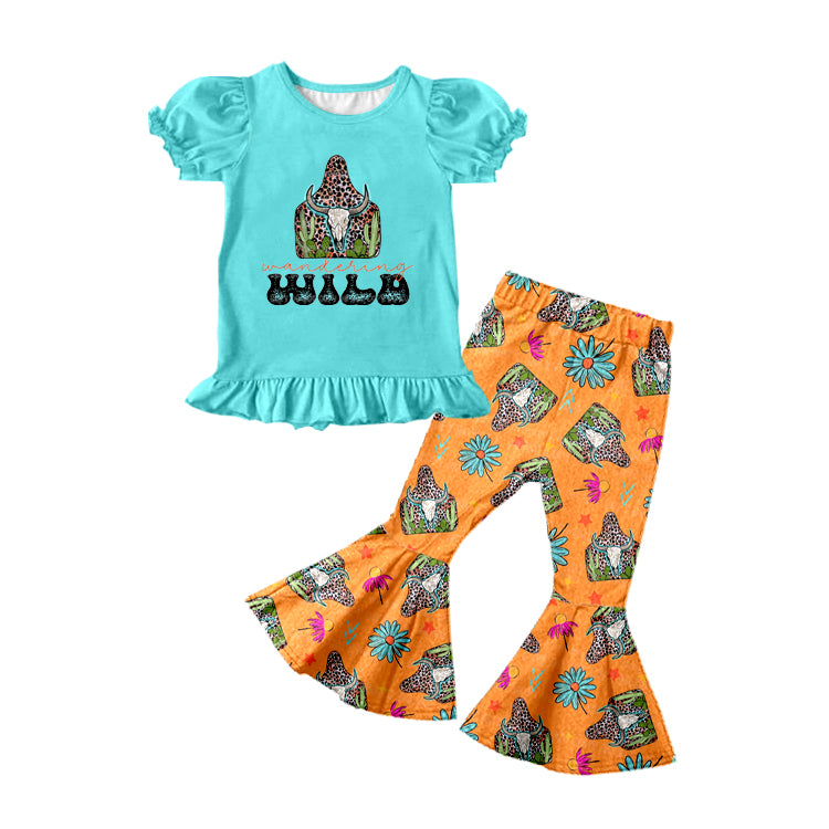 Baby Girls Wild Cow Turquoise Top Bats Bell Pants Clothes Outfits Sets preorder(moq 5)