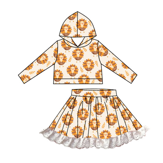 Baby Girls Thanksgiving Turkey Hooded Top Lace Skirts Clothes Sets Preorder(moq 5)