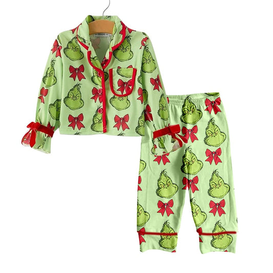 Preorder(moq 8)Baby Girls Grin Bows Long Sleeve Button Top Pants Pajamas