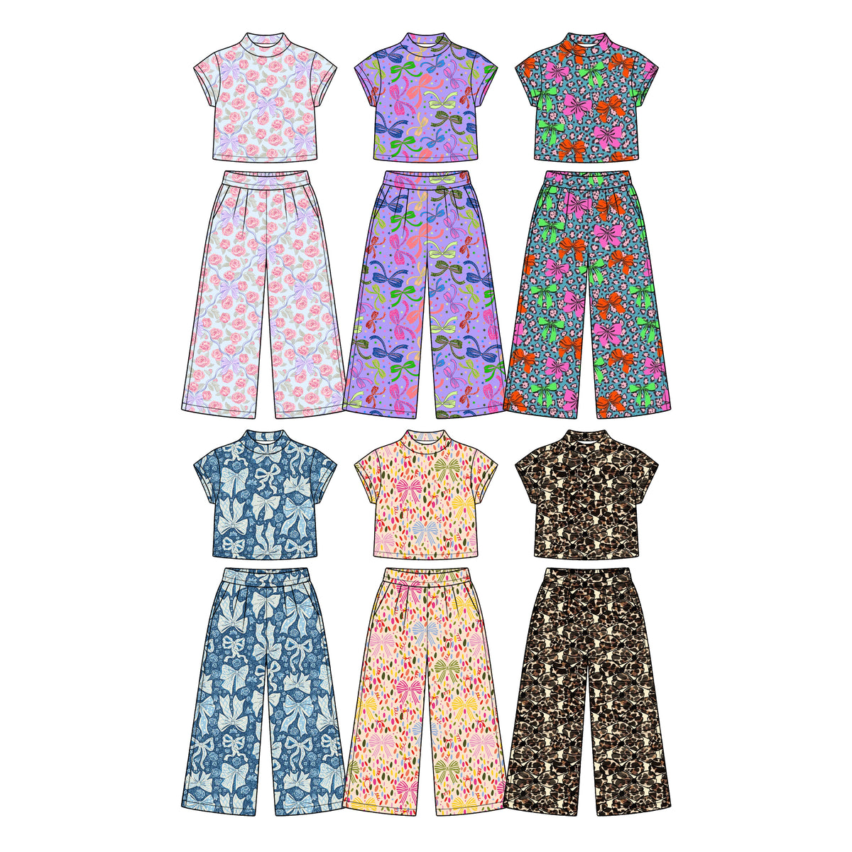 Preorder (moq 5) Baby Girl Clothes Leopard Bow Print Short Sleeve Mock Neck Crop Top Wide Leg Pants Set