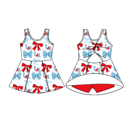 Preorder (moq 5)Baby Girls Sleeveless LR Red Blue Bows Team Knee Length Dresses