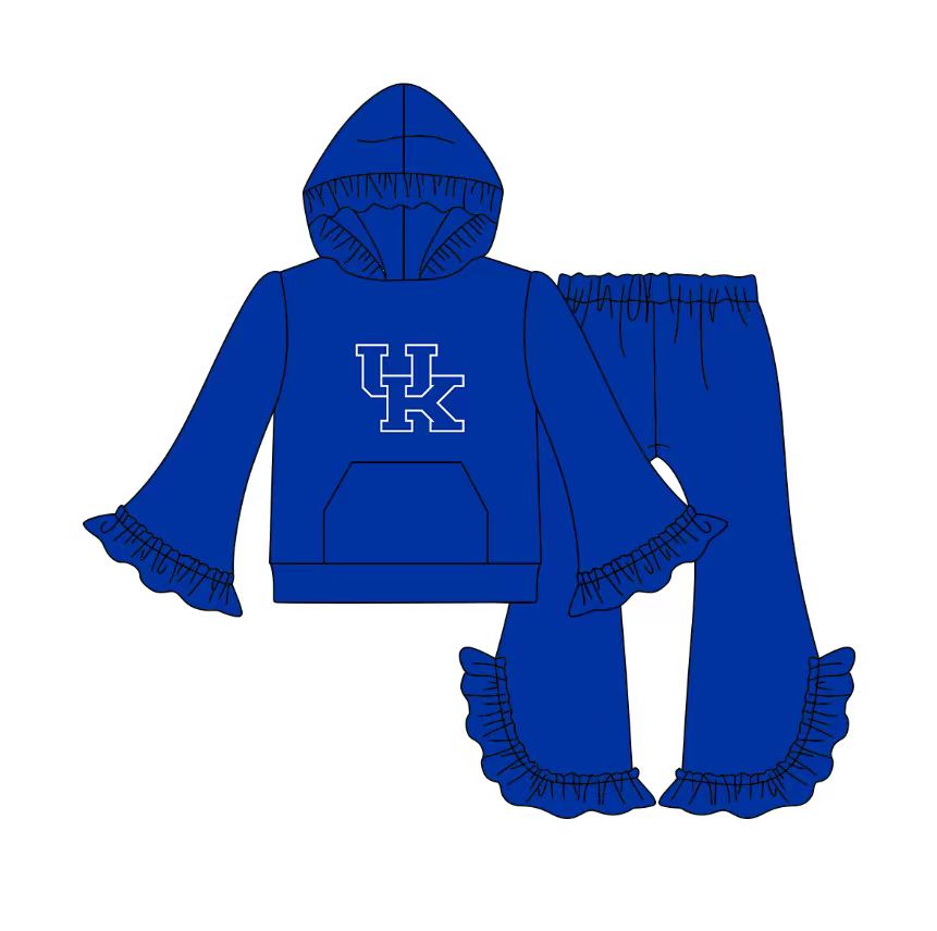 Preorder(moq 5)Baby Girls Blue UK Pocket Hoodie Bell Bottom Pants Team Clothes Sets