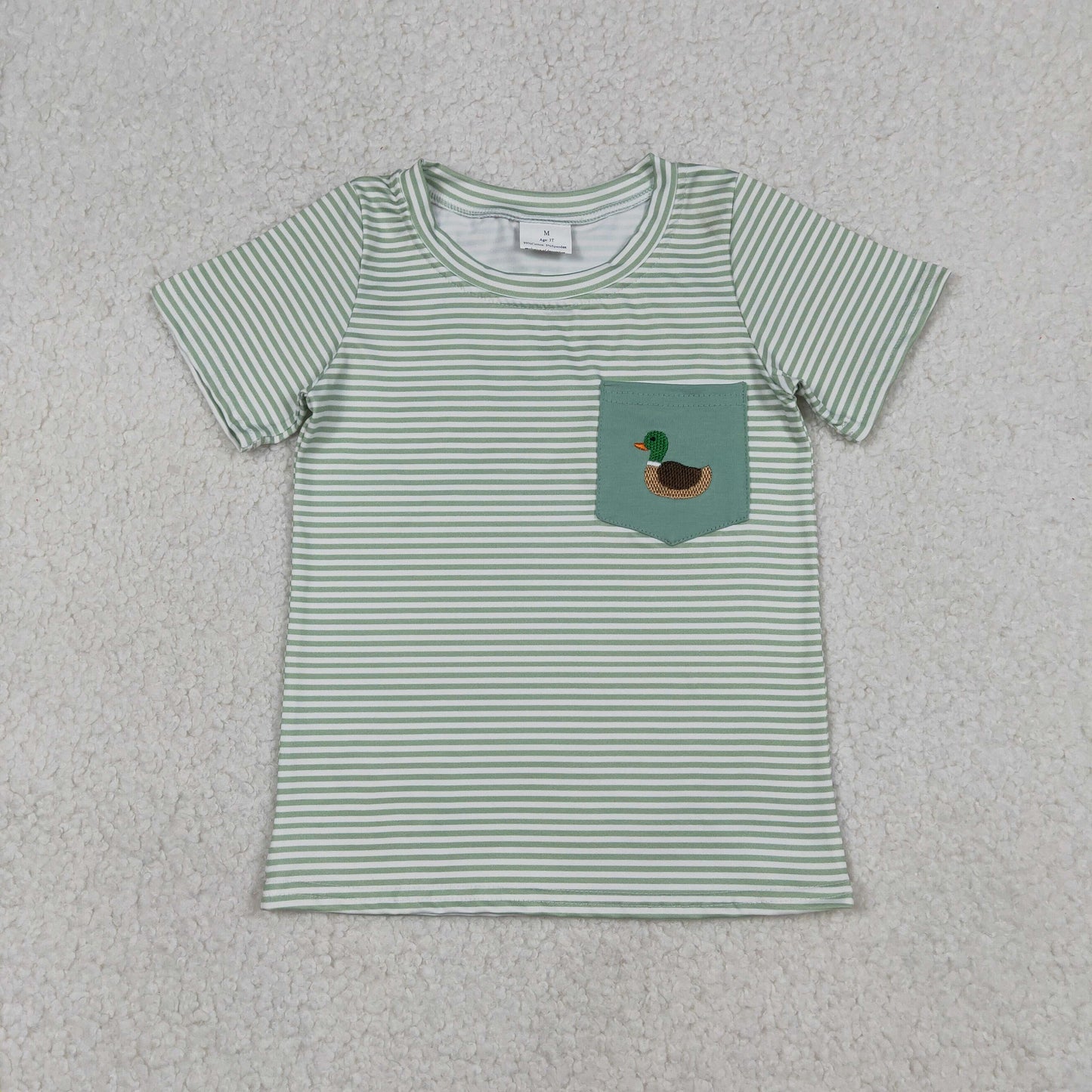 Embroidery Duck Baby Boys Green Stripe Pocket Hunting T-shirts Top