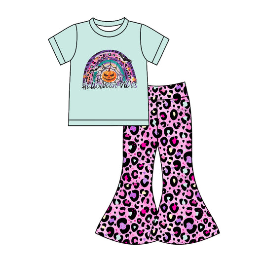 preorder(MOQ 5)Baby Girls Blue Short Sleeves Ghost Pumpkin Top Leopard Bell Bottom Pants Set