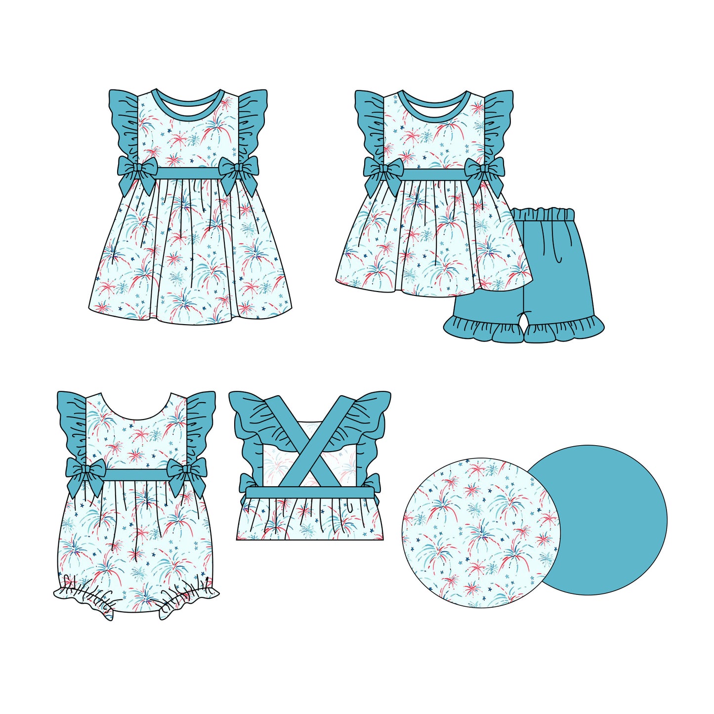 Preorder moq 5 Custom Baby Girls Blue Firework Stars Bows Tunic Ruffle Short 4th Of July Sets Knee Length Dress Rompers