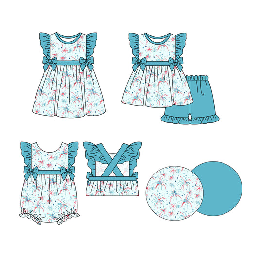 Preorder moq 5 Custom Baby Girls Blue Firework Stars Bows Tunic Ruffle Short 4th Of July Sets Knee Length Dress Rompers