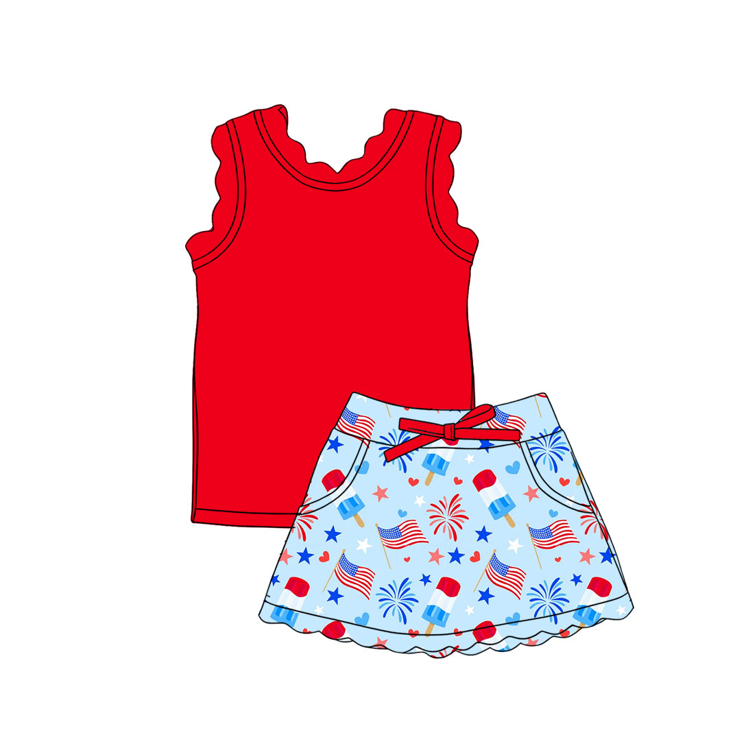 Preorder (moq 5)Baby Girls Red Vests Star Popsicle Scallop Pockets Skirt Shorts 4th of July Sets