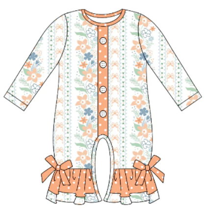 Preorder(moq 5)Baby Infant Girls Bows Flowers Stripe Button Fall Ruffle Footie Rompers