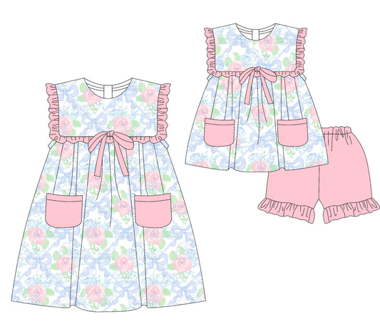Preorder moq 5 Custom Baby Girls Sleeveless Floral Bows Pockets Tunic Ruffle Short Set Knee Length Dresses