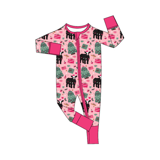 Baby Infant Girls Western Cow Christmas Zip Rompers preorder(moq 5)