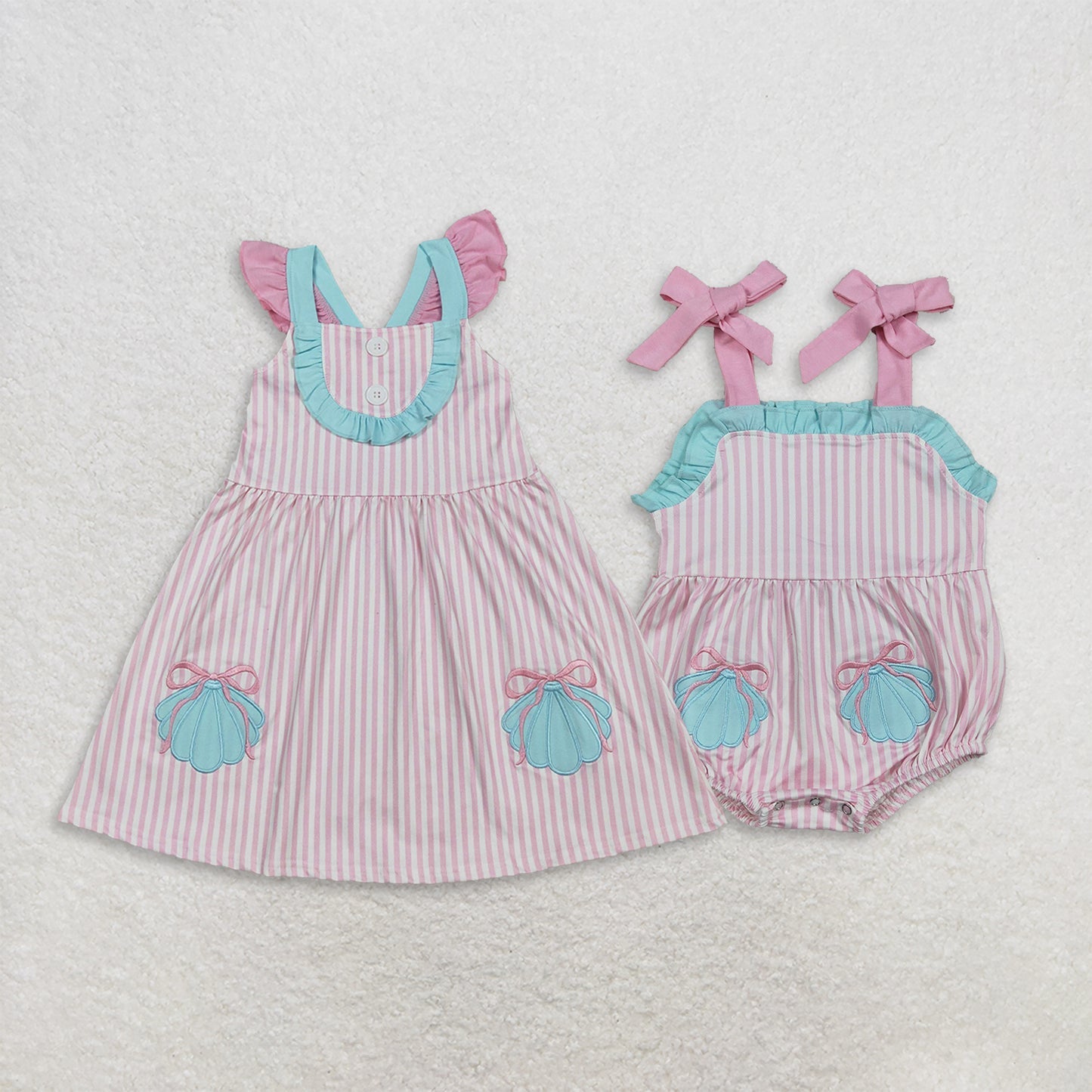 Sibling Baby Girls Pink Stripe Embroidery Bows Shells Strap Knee Length Dress Rompers