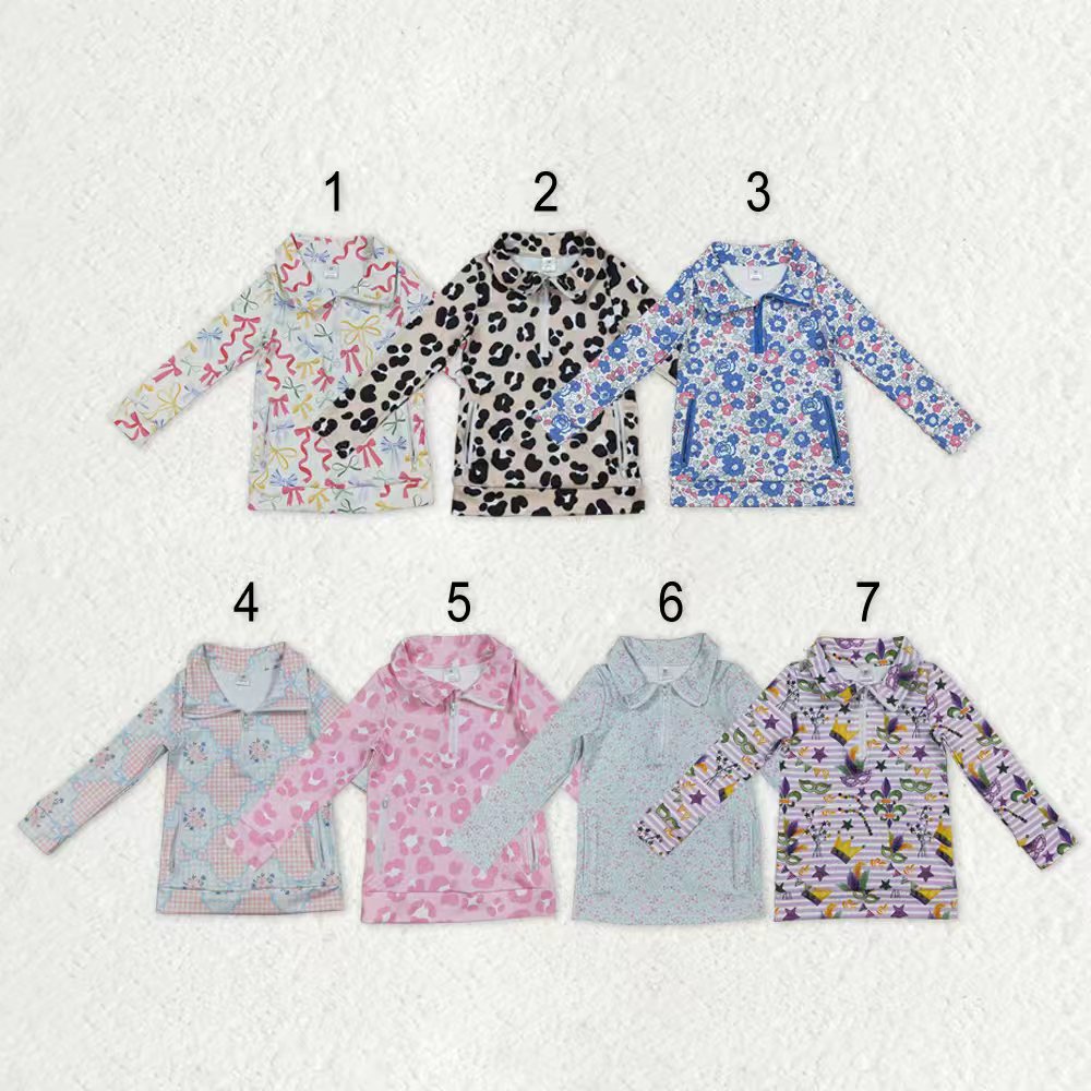 Sibling Baby Girls Flowers Bows Leopard Pockets Half Zipper Yoga Active Pullovers Top