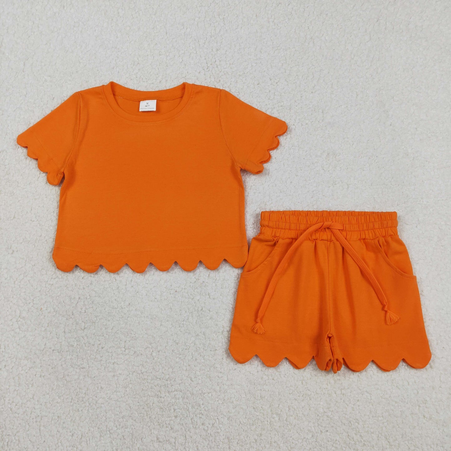 Baby Girls Orange Short Sleeve Top Pockets Shorts Scallop Cotton Clothes Sets