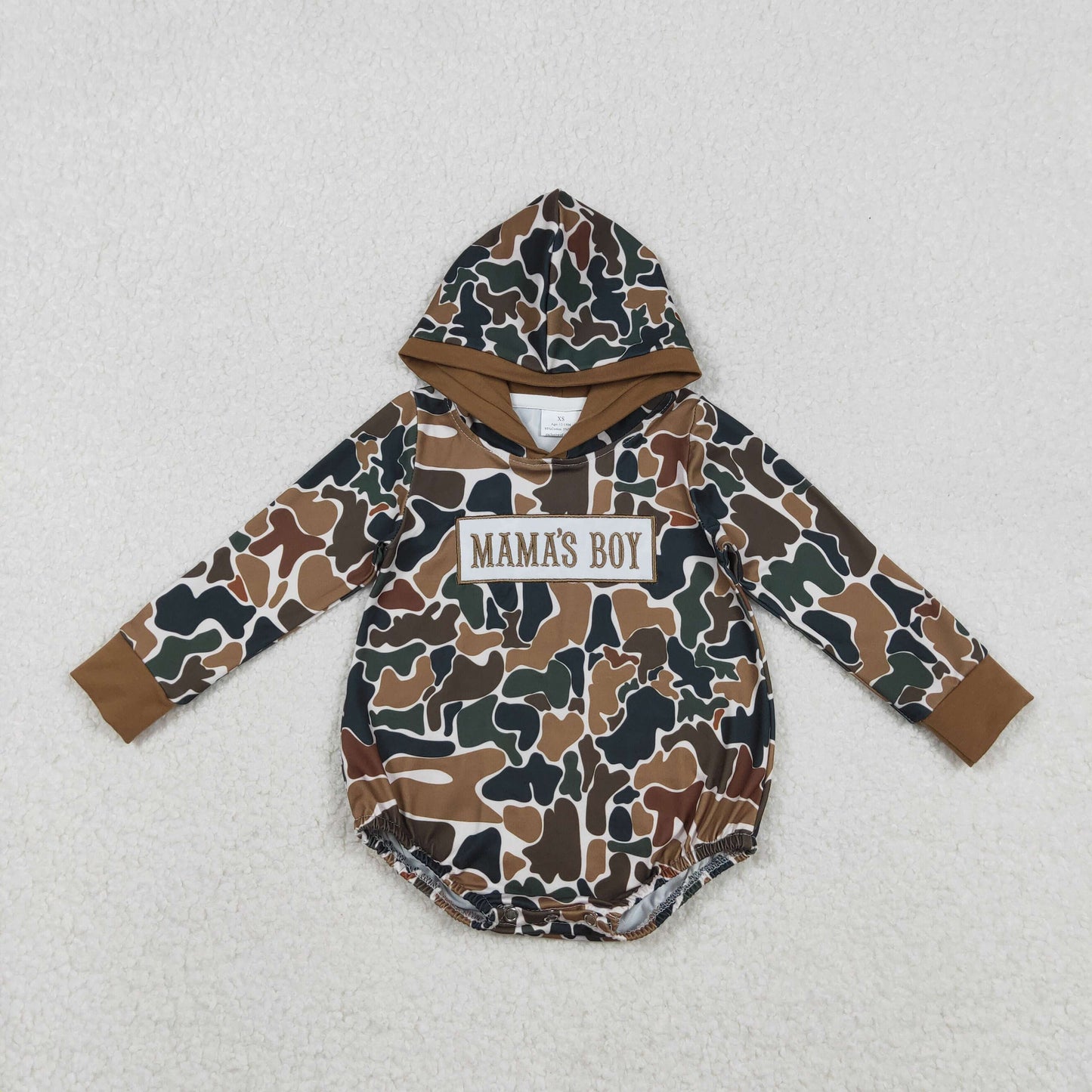 Embroidery Mama's Boy Baby Boys Dark Brown Camo Hoodie Rompers
