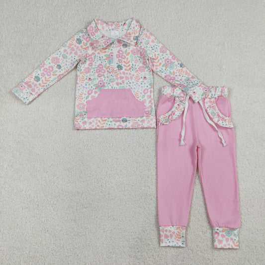 Baby Girls Colorful Flowers Zip Pocket Pullovers Jogger Pants Clothes Sets