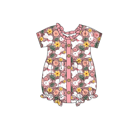 Baby Infant Girls Pink Rabbits Buttons Short Sleeve Rompers preorder(moq 5)