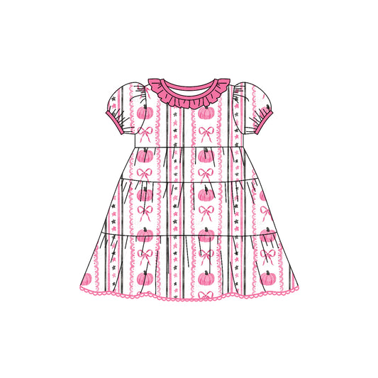 Preorder (moq 5)Baby Girls Short Ruffle Sleeves Pink Bows Pumpkins Stripes Knee Length Dresses