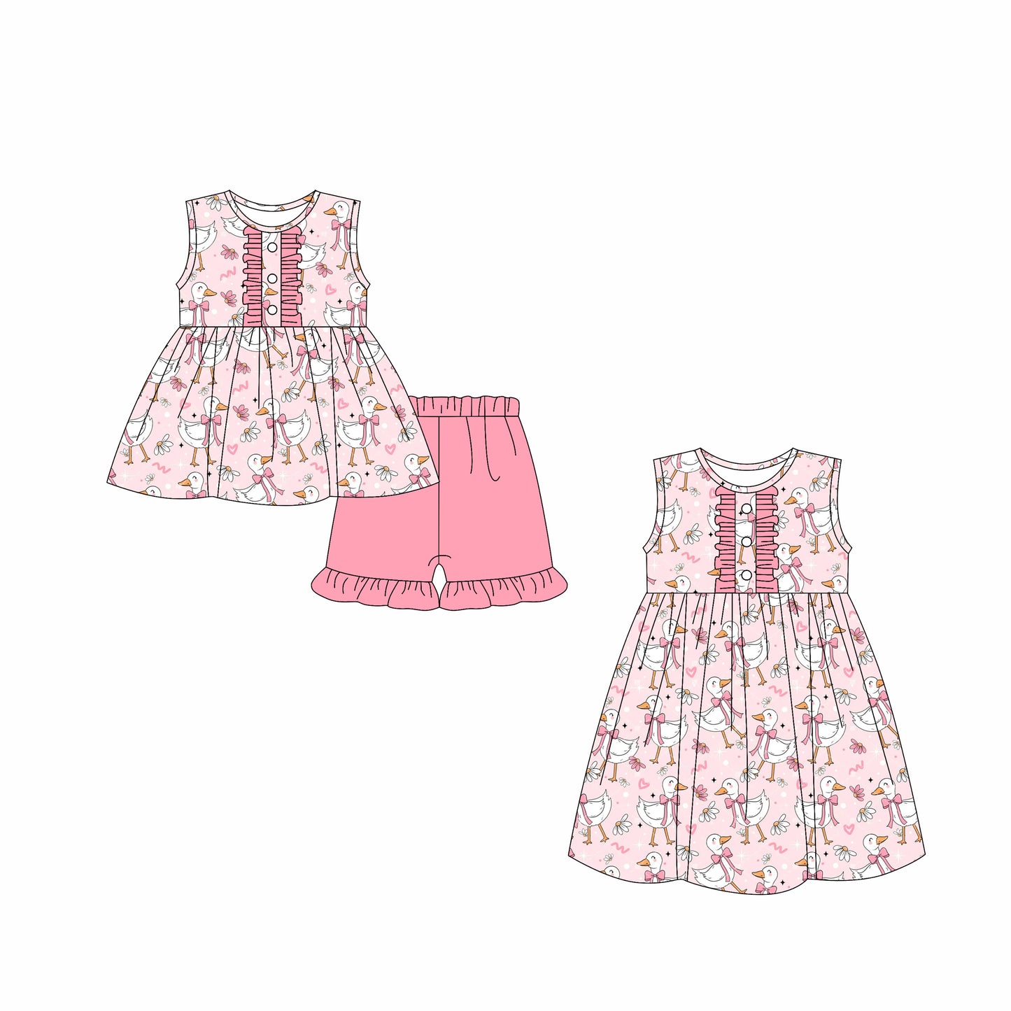 Preorder moq 5 Custom Baby Girls Button Pink Ducks Hearts Tunic Ruffle Short Set Knee Length Dresses