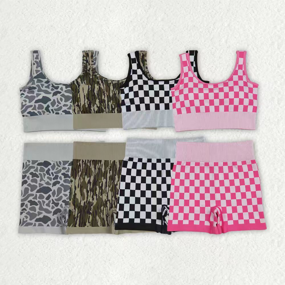 Sibling Adult Women Checkered Camo Crop Bra Top Shorts Outfits Sets