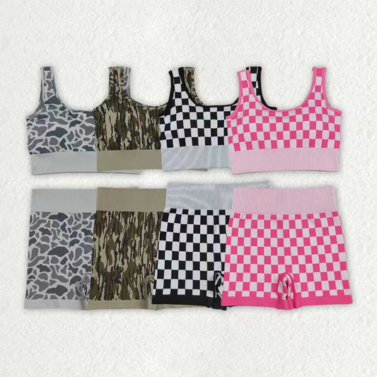 Sibling Adult Women Checkered Camo Crop Bra Top Shorts Outfits Sets