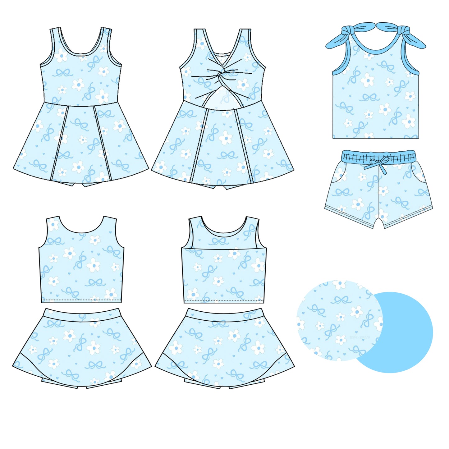 Preorder moq 5 Custom Baby Girls Blue Sleeveless Bows Flowers Top Skort Set Knee Length Dress Pockets Short Set