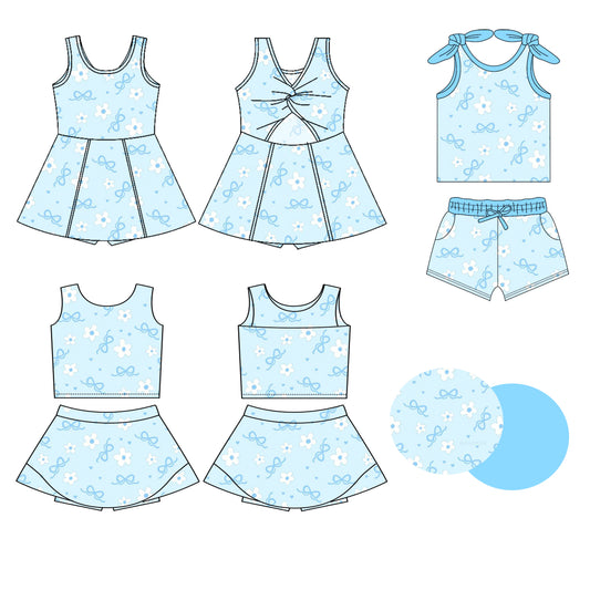 Preorder moq 5 Custom Baby Girls Blue Sleeveless Bows Flowers Top Skort Set Knee Length Dress Pockets Short Set