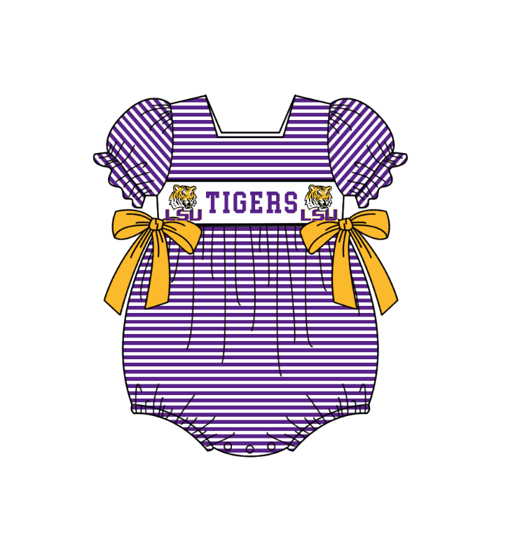 preorder(moq 5) Baby Girls Purple Stripe Short Sleeve LSU Tigers Team Ruffle Rompers