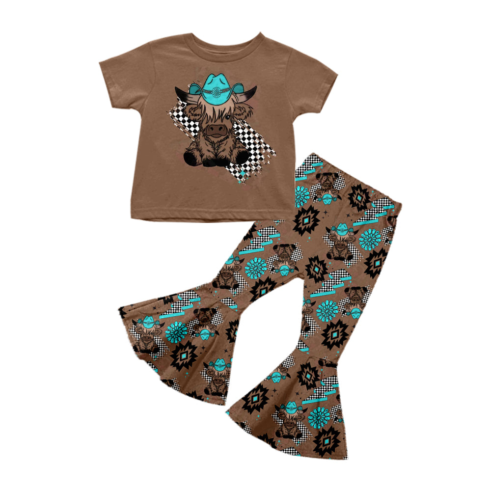 Baby Girls Western Highland Cow Brown Shirt Top Bell Pants Clothes Sets Preorder(moq 5)