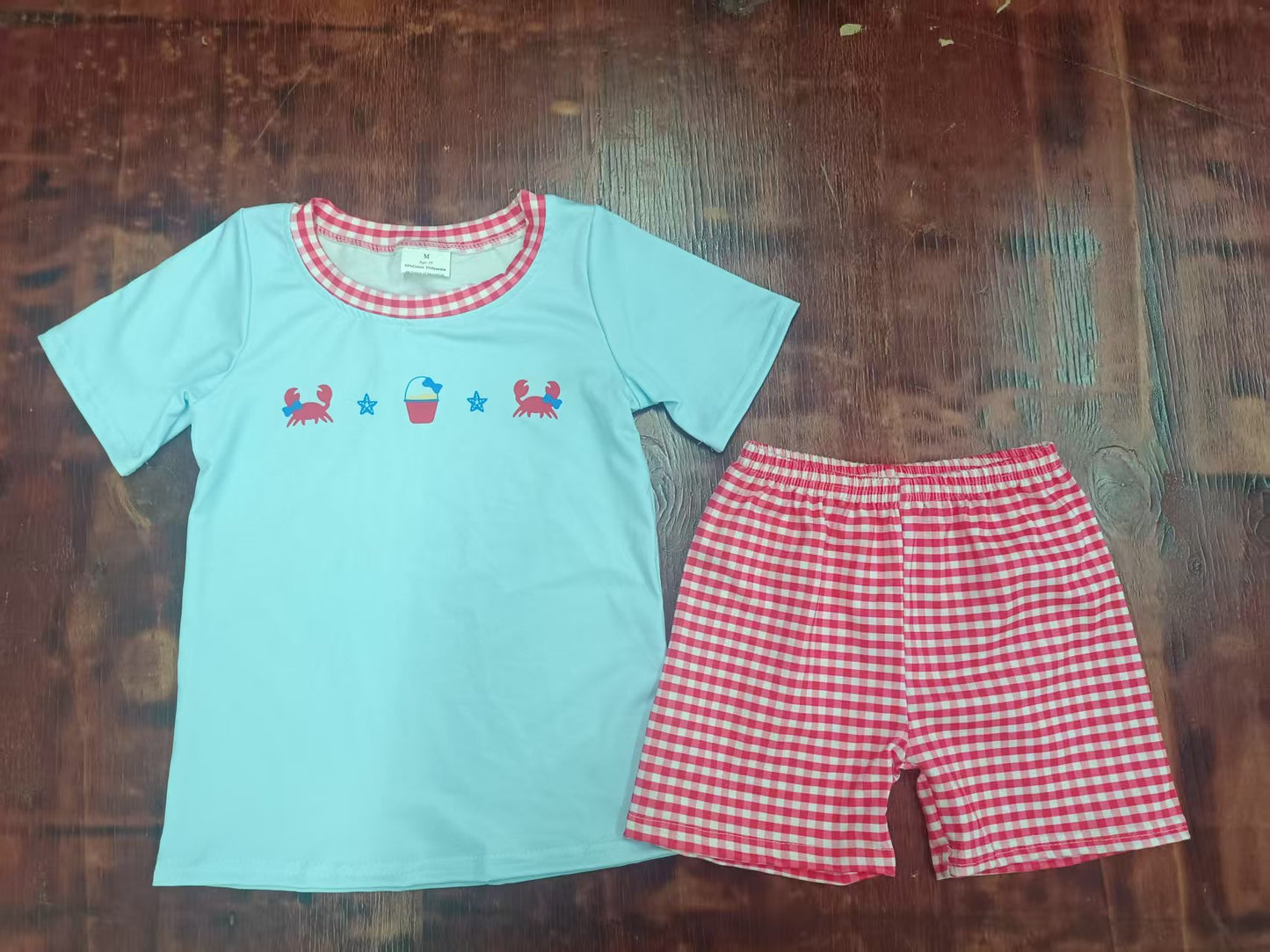Preorder moq 5 Baby Boys Blue Short Sleeves Crabs Beach Top Red Plaid Short Set