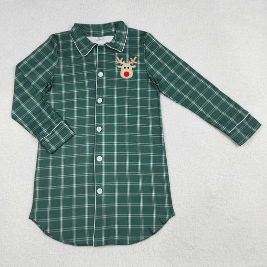 Embroidery Deer Adult Women Green Checked Christmas Tops Sleep Wears
