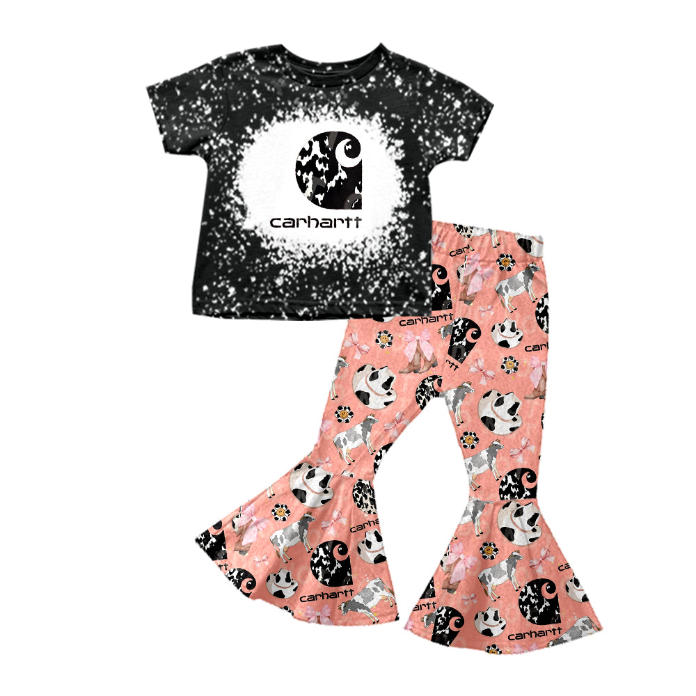 Baby Girls Black Shirt Top Pink Cow Bell Pants Clothes Sets Preorder(moq 5)