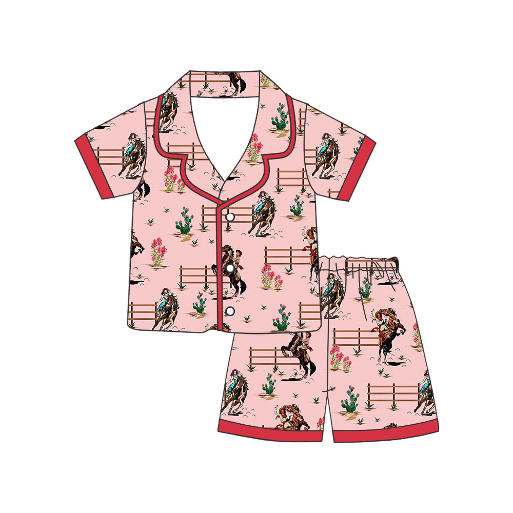 Baby Girls Rodeo Western Pink Shirt Shorts Pajamas Clothes Sets preorder(moq 5)