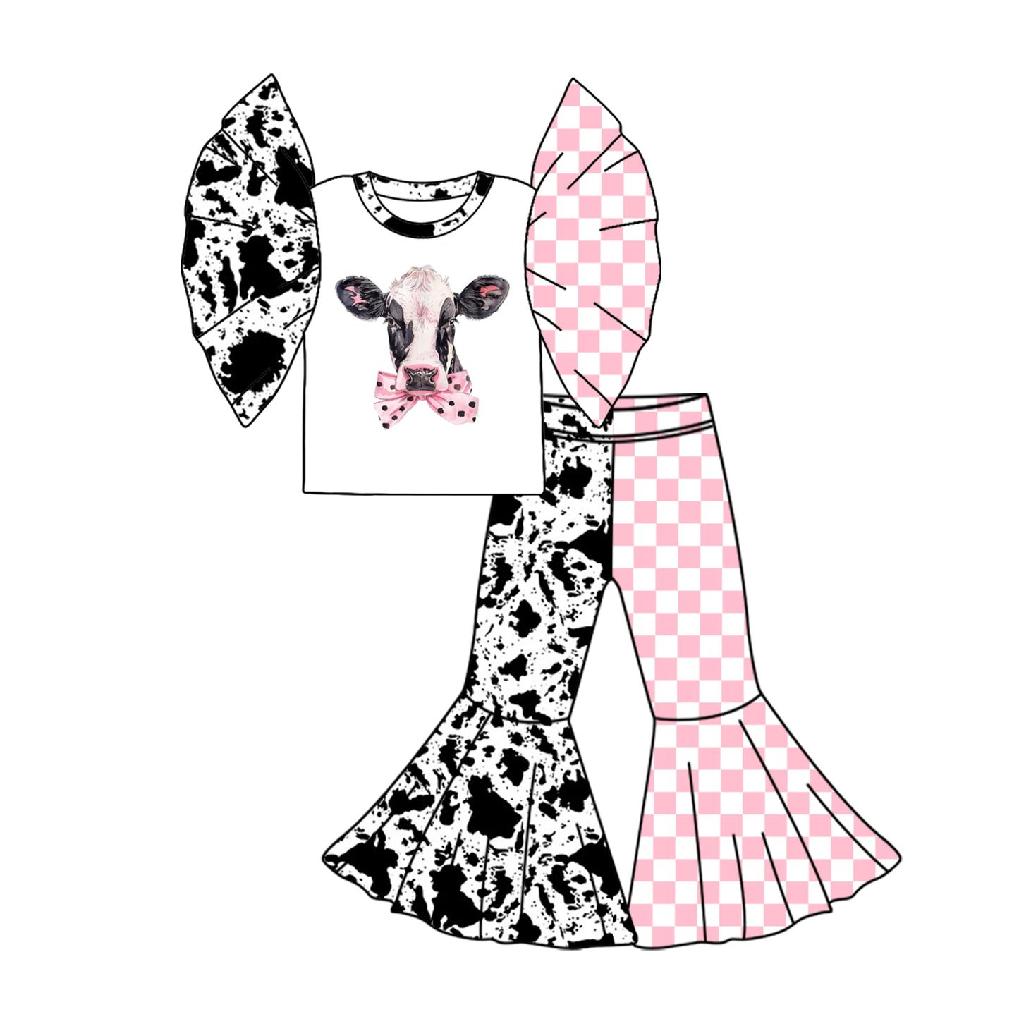 Preorder (moq 5)Baby Girls Cow Bow Checkered Shirt Bell Pants Clothes Sets